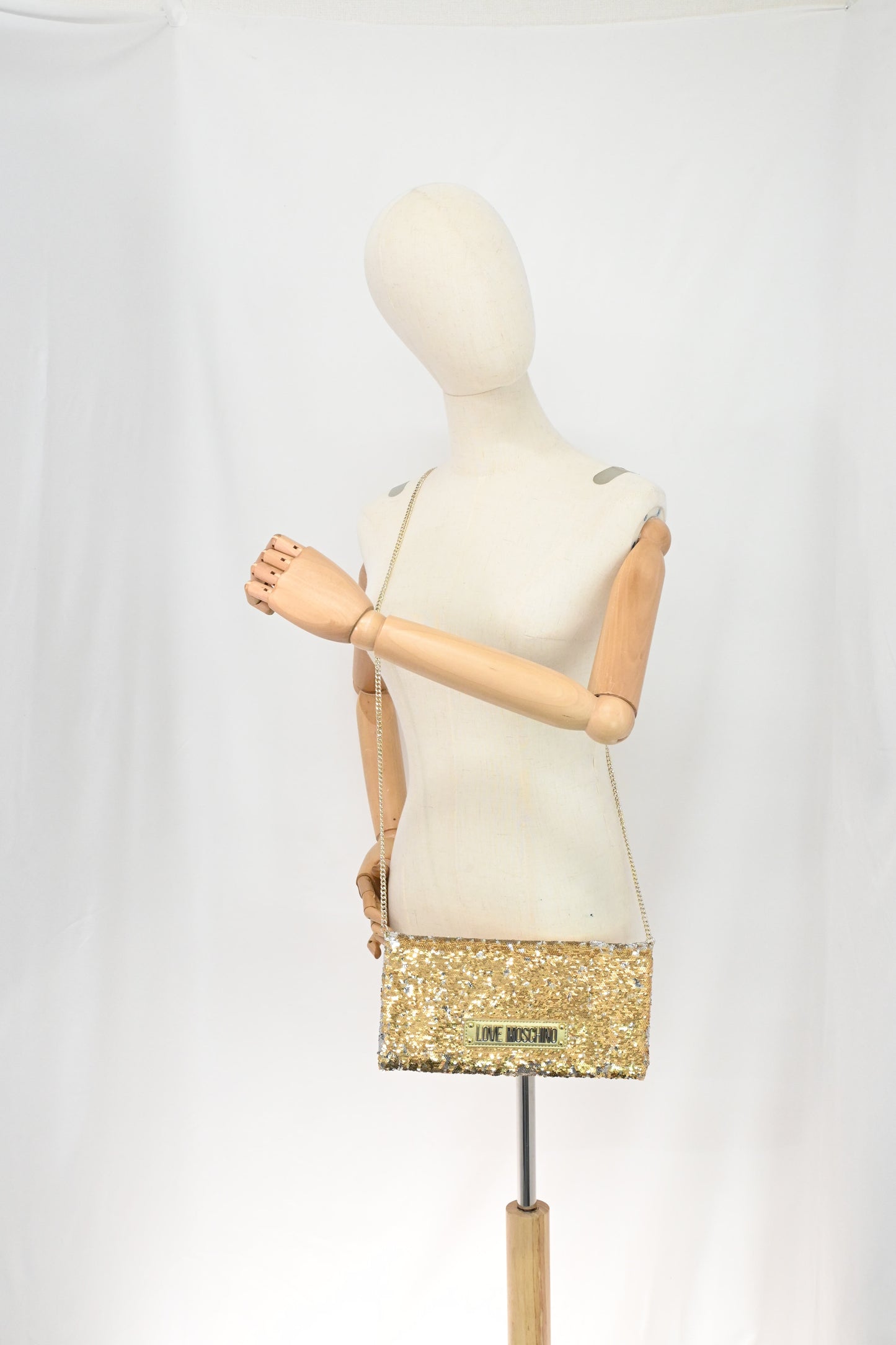 Moschino Chain Clutch in Gold and Silver Sequins