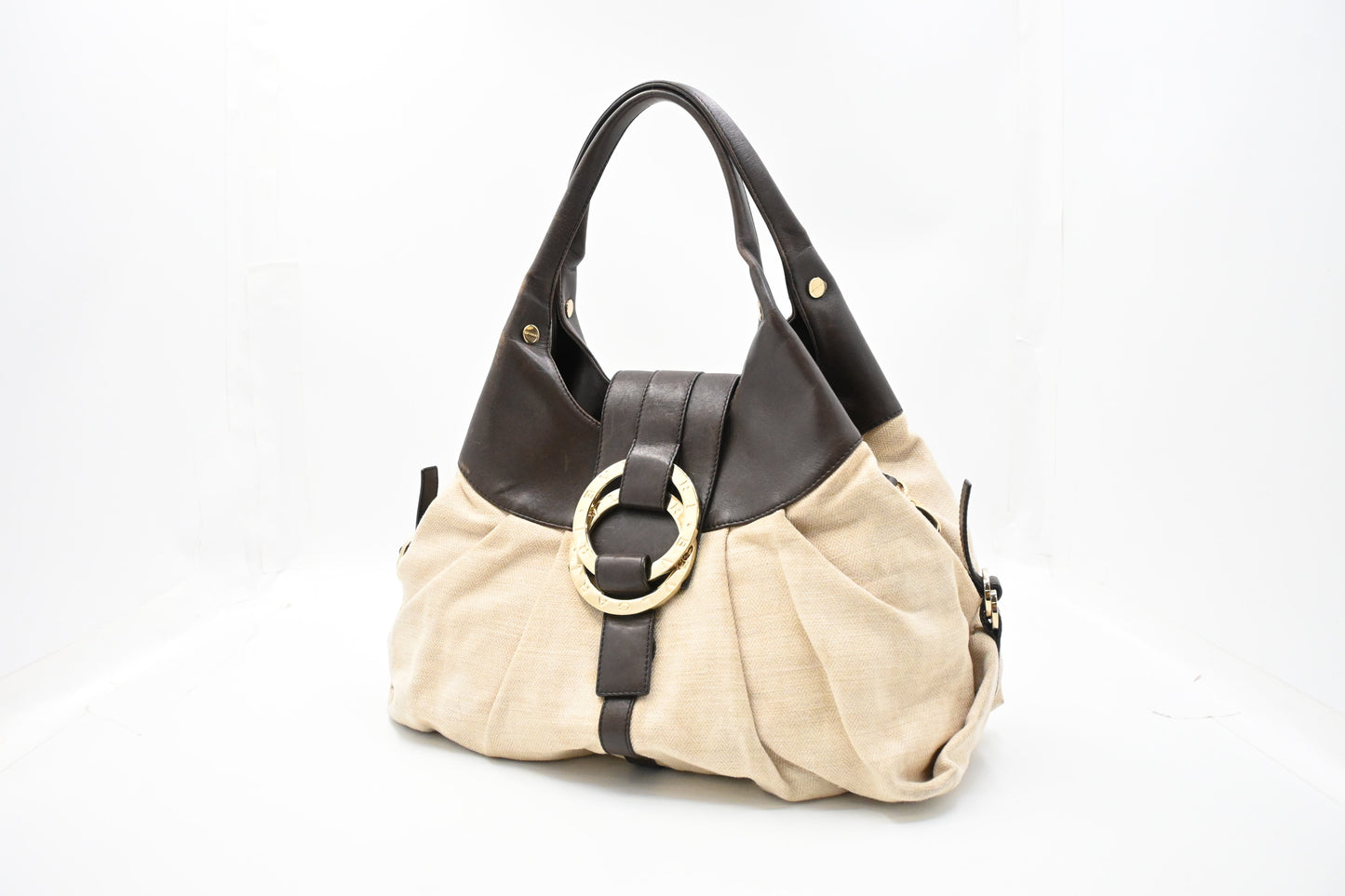 Bvlgari Chandra Hobo Bag in Cream Canvas and Brown Leather