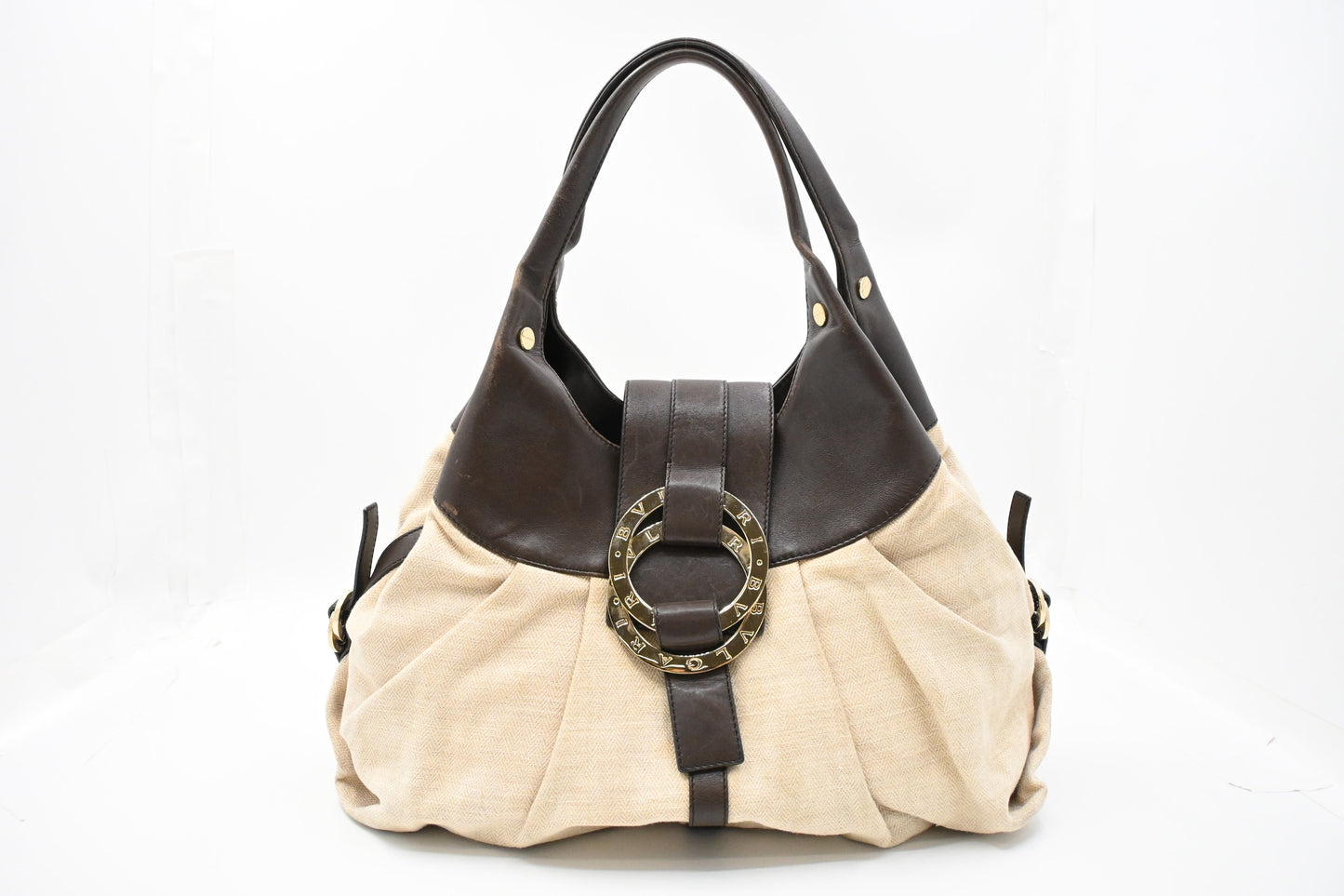 Bvlgari Chandra Hobo Bag in Cream Canvas and Brown Leather