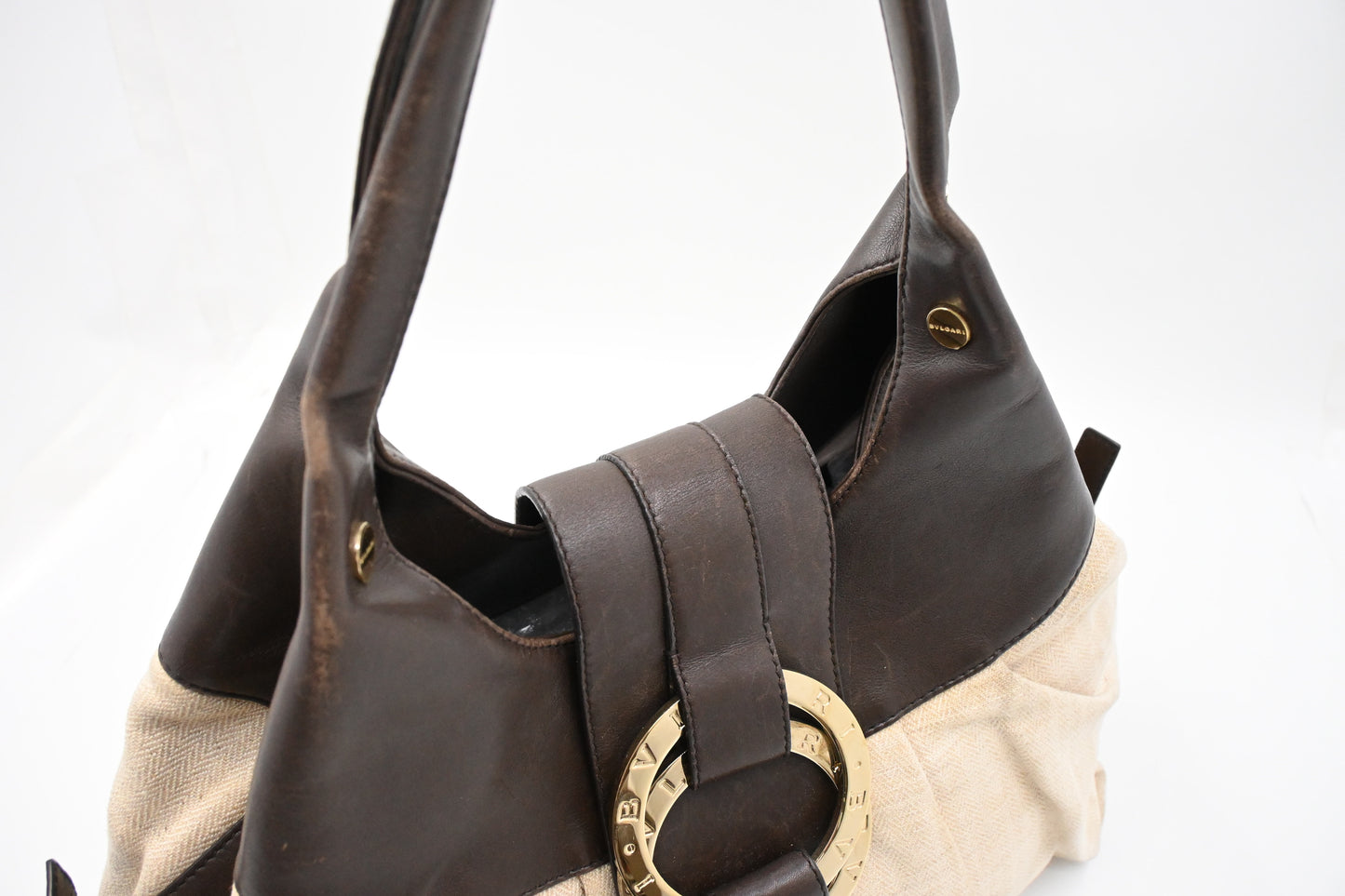 Bvlgari Chandra Hobo Bag in Cream Canvas and Brown Leather