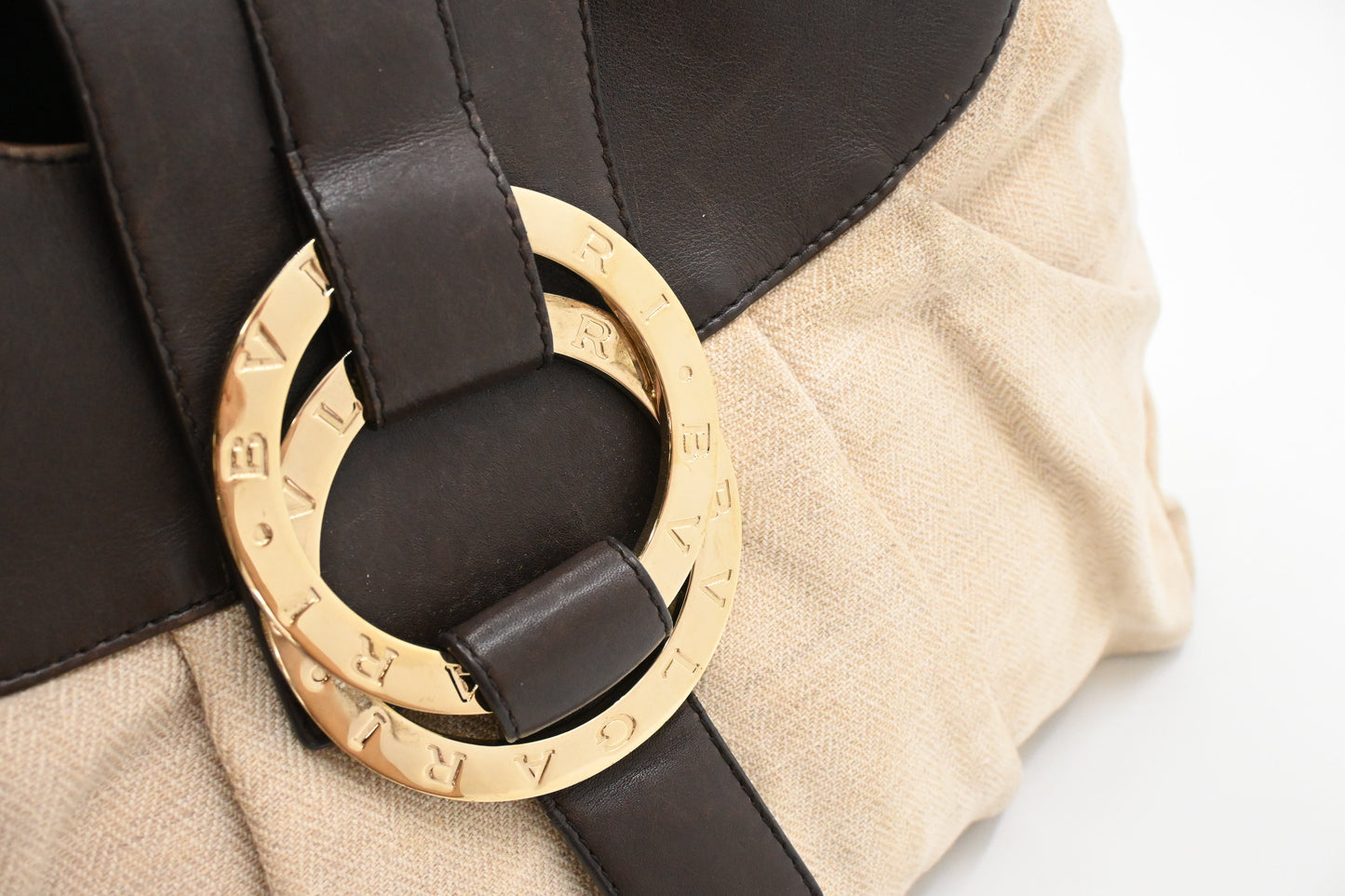 Bvlgari Chandra Hobo Bag in Cream Canvas and Brown Leather