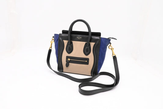 Celine Nano Luggage in Beige, Black and Blue Leather
