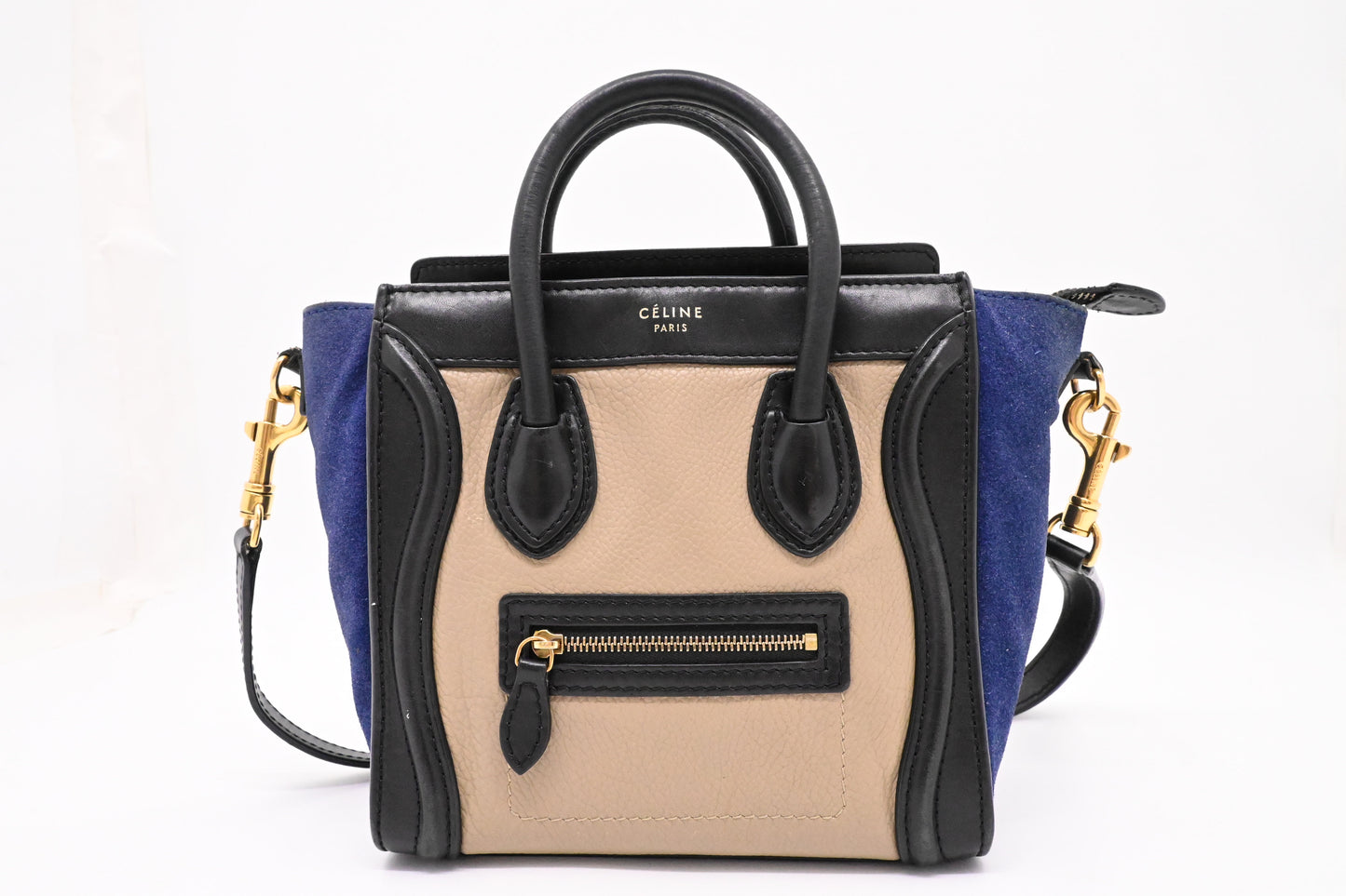 Celine Nano Luggage in Beige, Black and Blue Leather