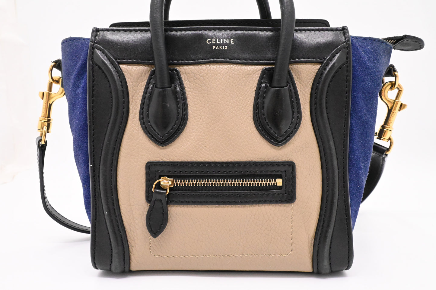 Celine Nano Luggage in Beige, Black and Blue Leather