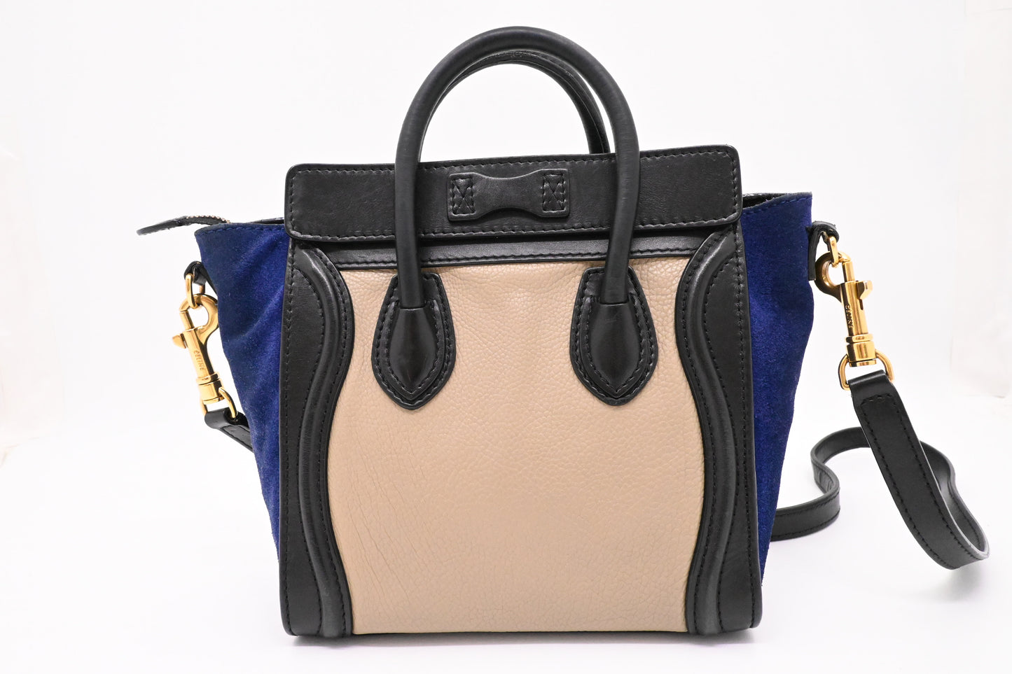 Celine Nano Luggage in Beige, Black and Blue Leather