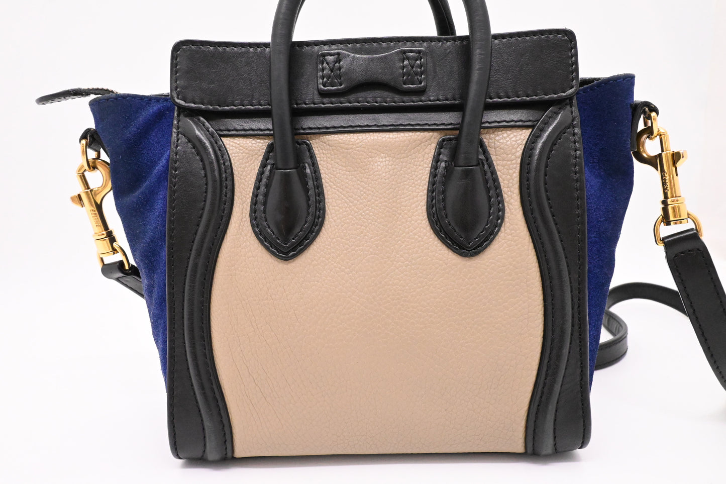Celine Nano Luggage in Beige, Black and Blue Leather