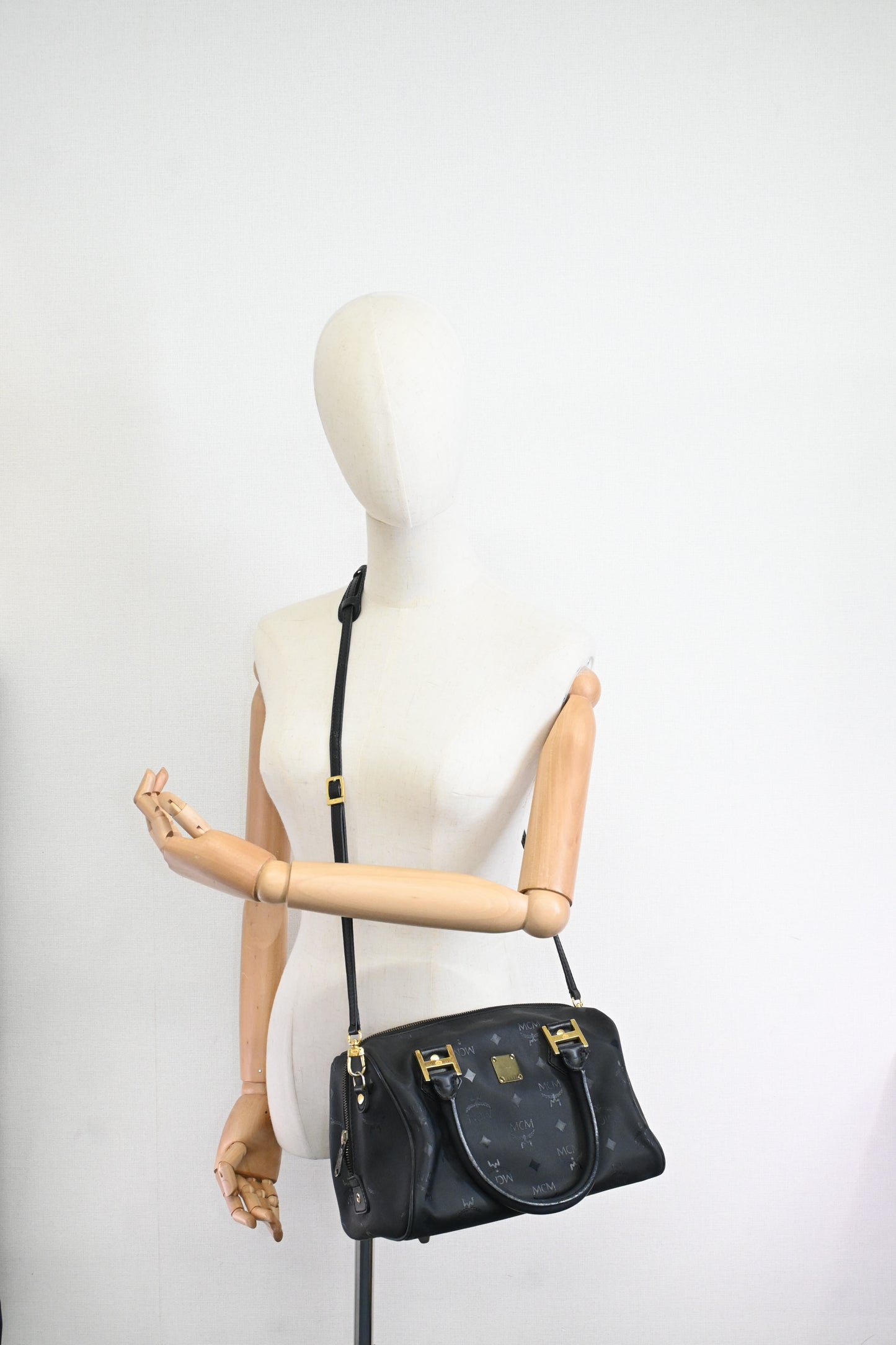 MCM Bandouliere Boston Bag in Black Coated Canvas