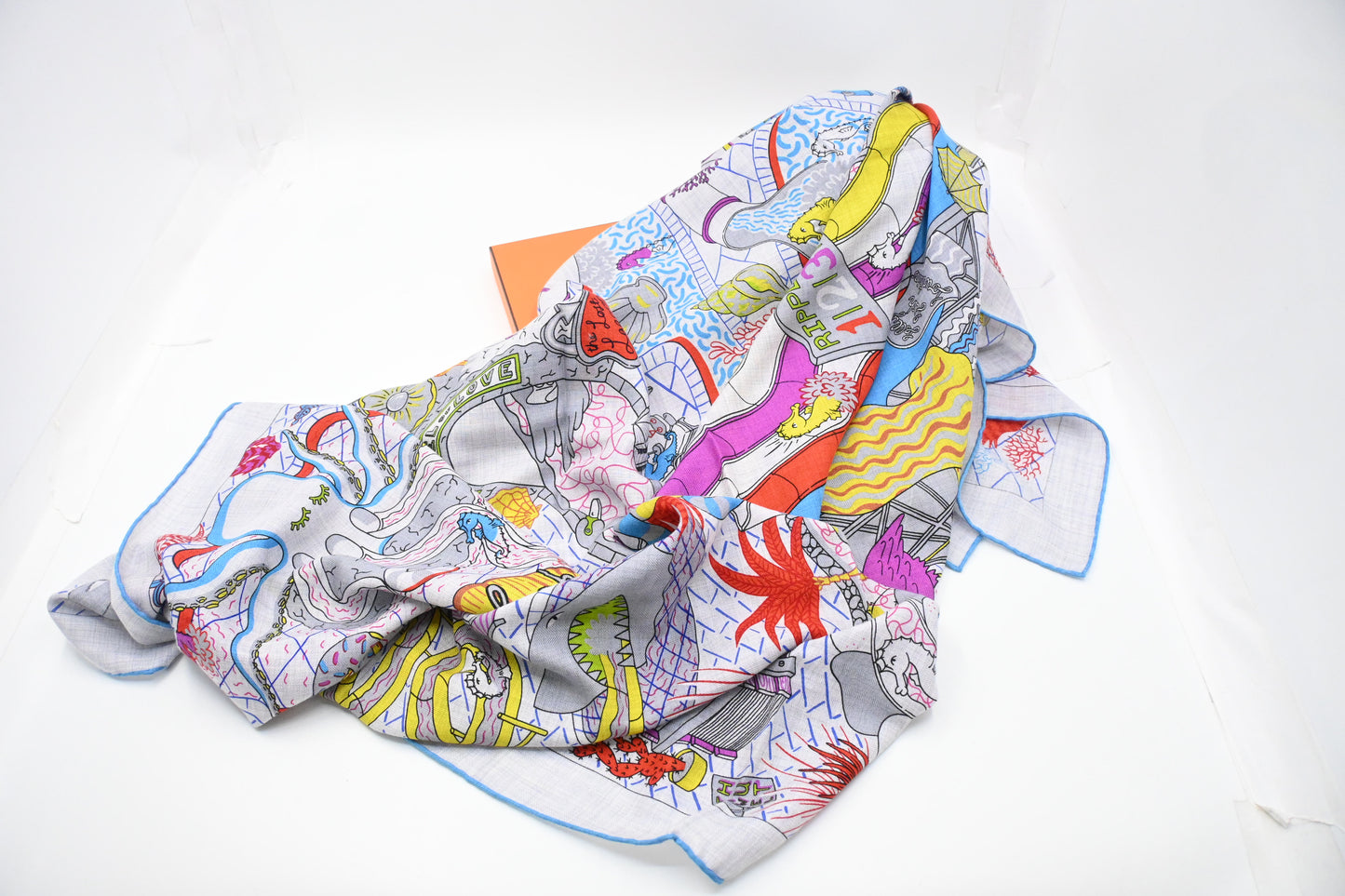 Hermes 'Splash Park' Carre 140 in Gray Multicolor Cashmere and Silk