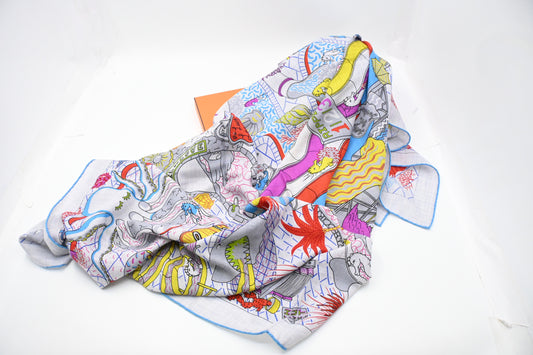 Hermes 'Splash Park' Carre 140 in Gray Multicolor Cashmere and Silk