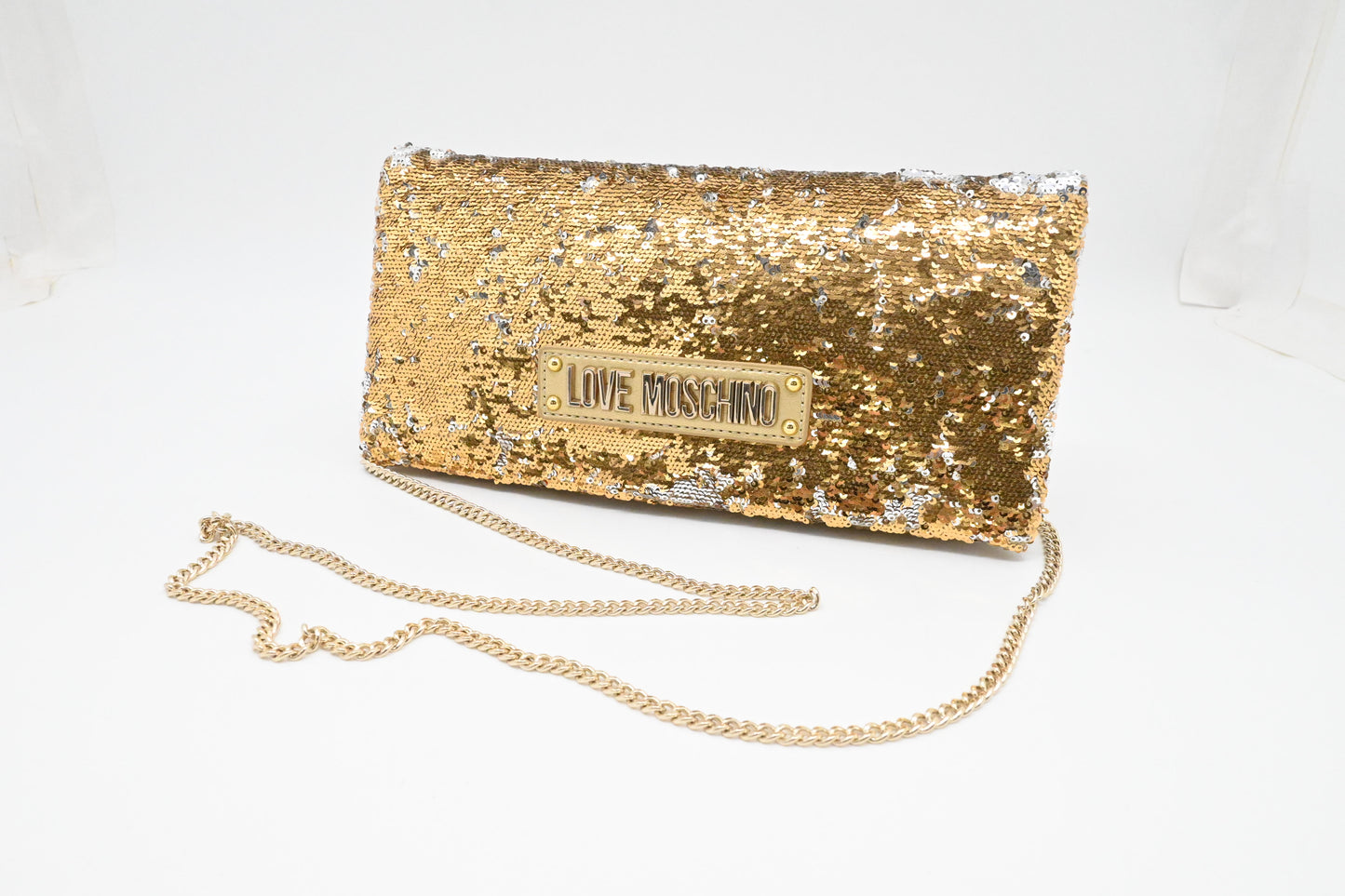 Moschino Chain Clutch in Gold and Silver Sequins