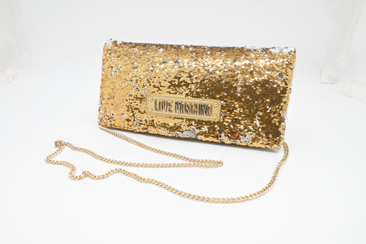 Moschino Chain Clutch in Gold and Silver Sequins