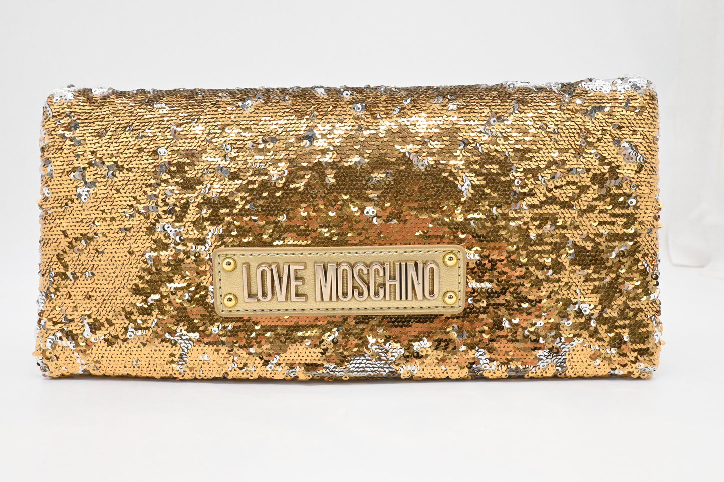 Moschino Chain Clutch in Gold and Silver Sequins