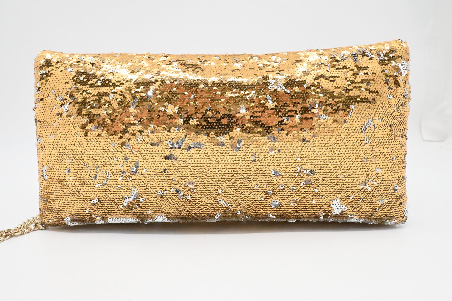 Moschino Chain Clutch in Gold and Silver Sequins