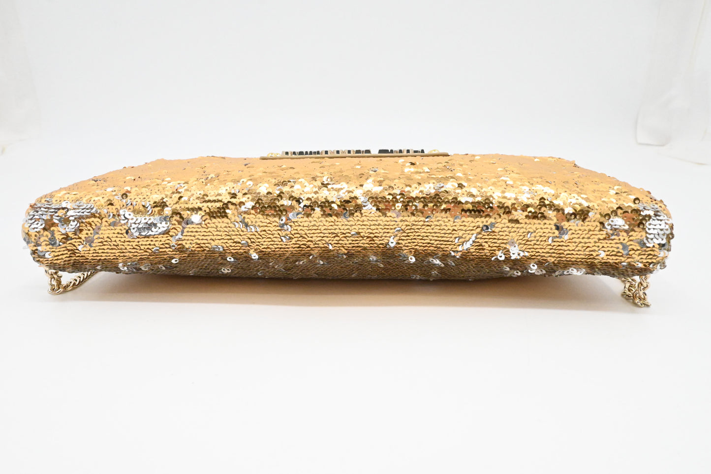 Moschino Chain Clutch in Gold and Silver Sequins