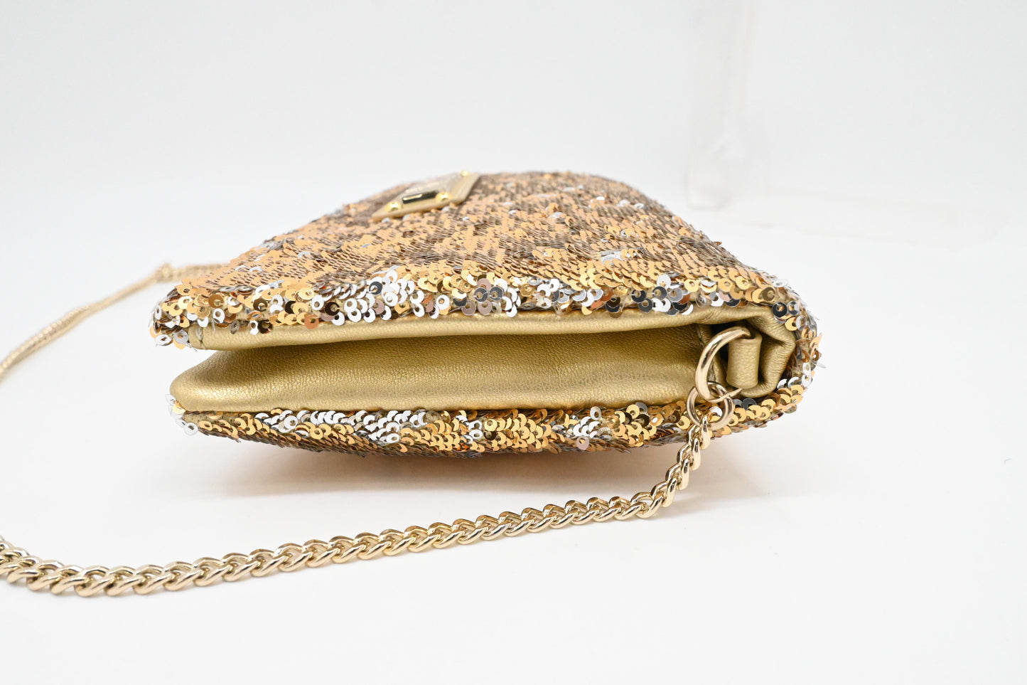 Moschino Chain Clutch in Gold and Silver Sequins