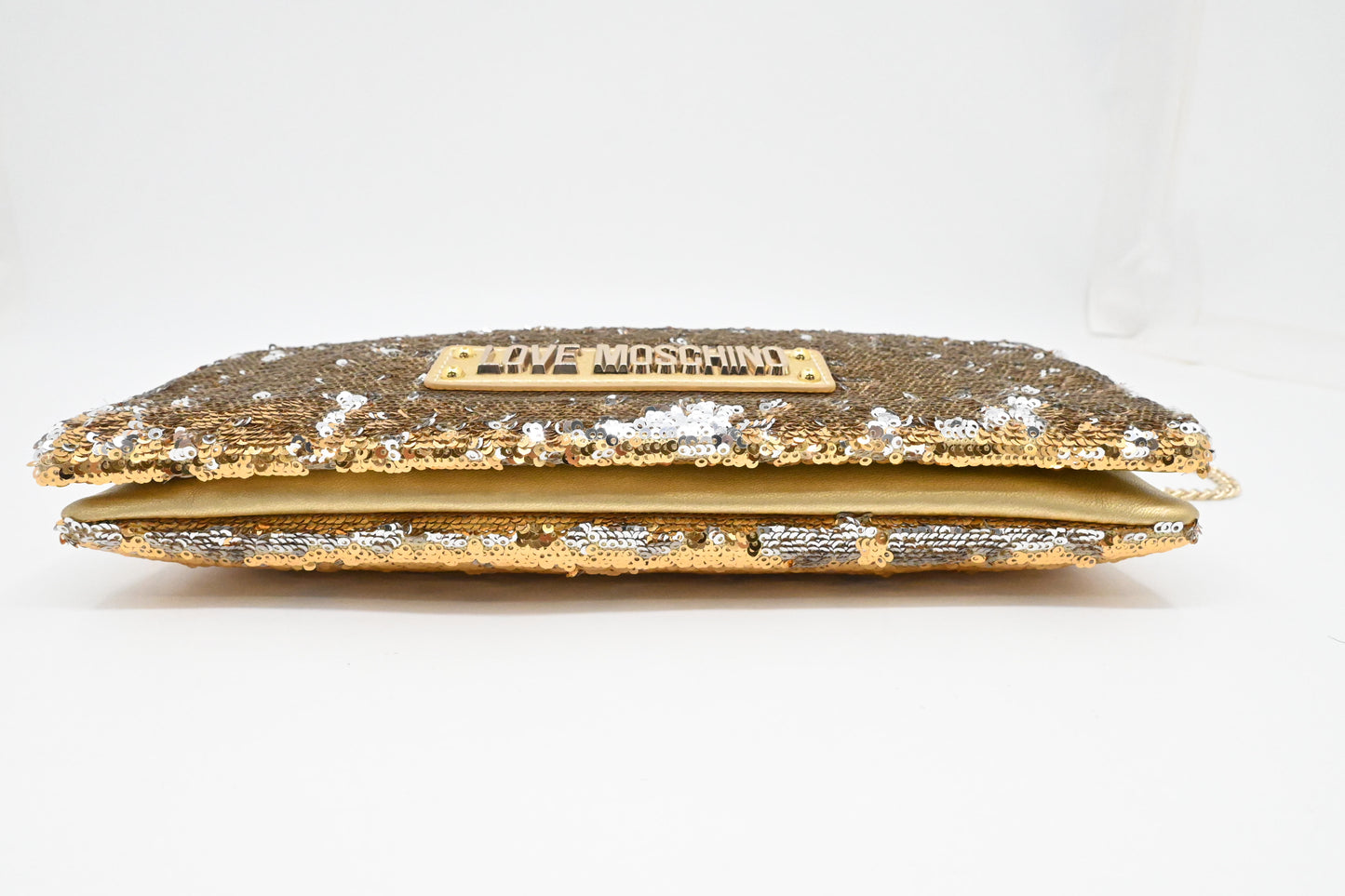 Moschino Chain Clutch in Gold and Silver Sequins
