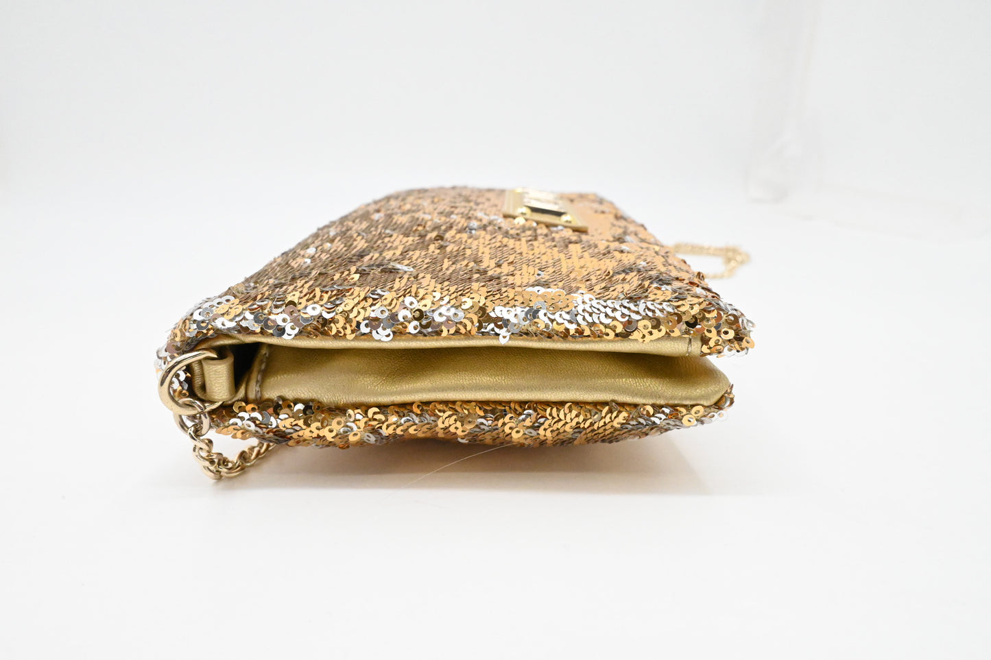 Moschino Chain Clutch in Gold and Silver Sequins