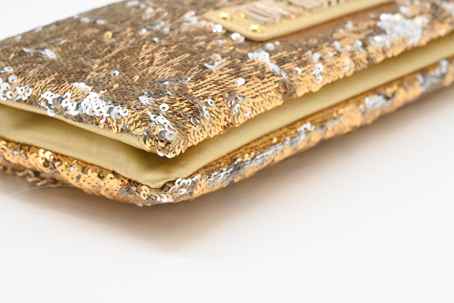 Moschino Chain Clutch in Gold and Silver Sequins