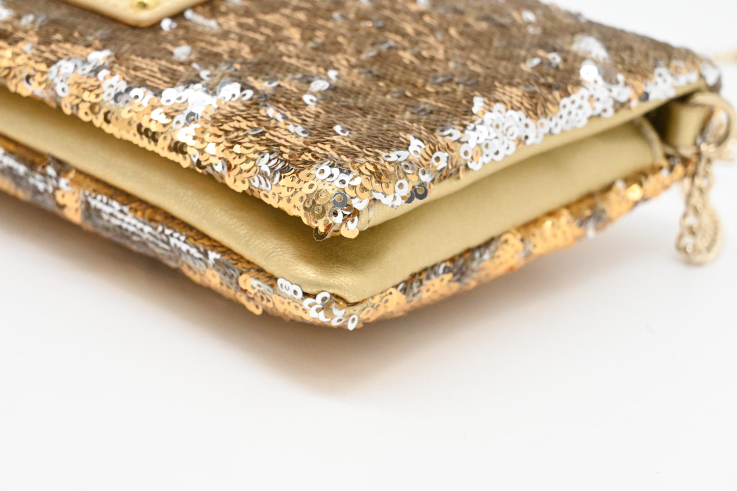 Moschino Chain Clutch in Gold and Silver Sequins