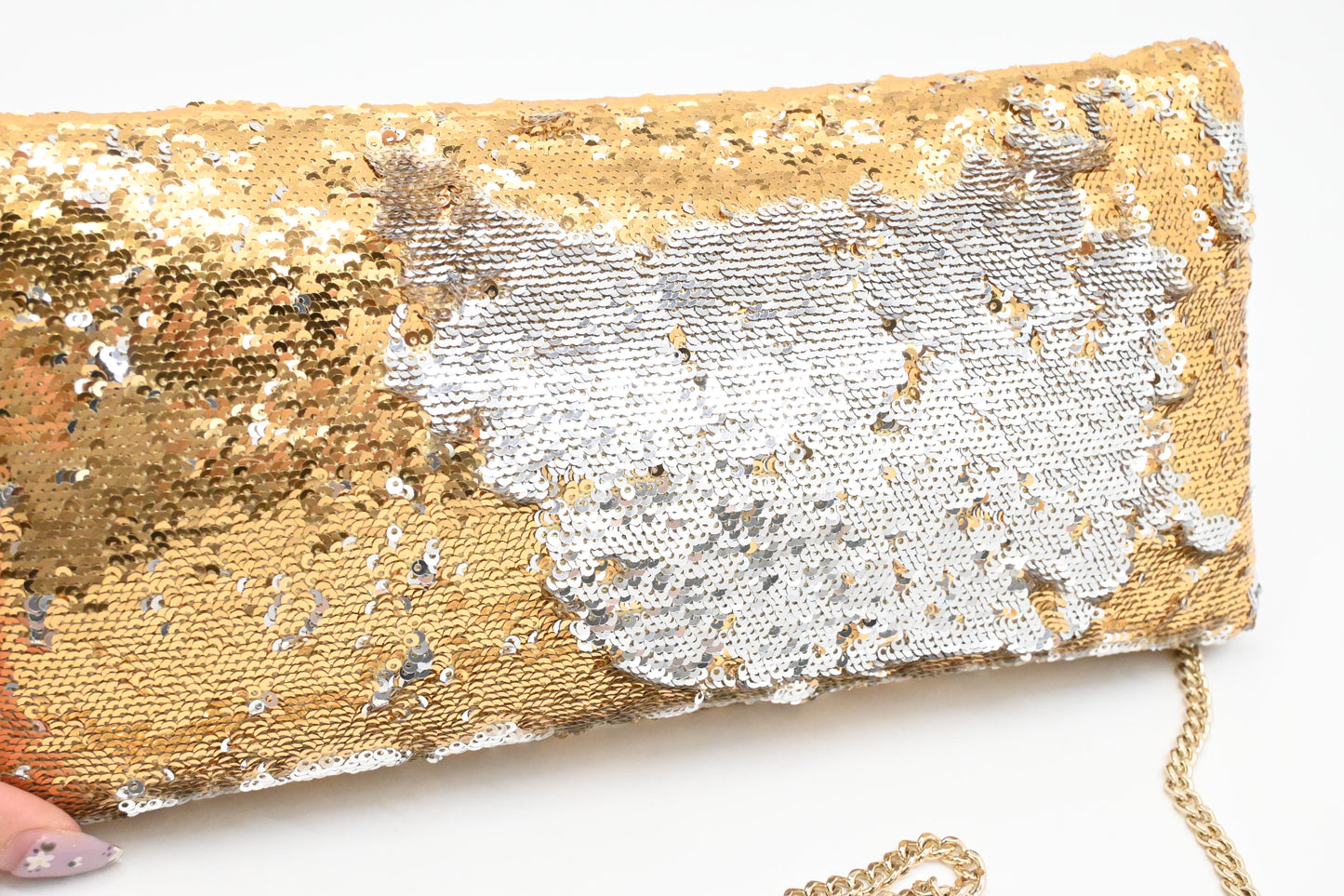 Moschino Chain Clutch in Gold and Silver Sequins