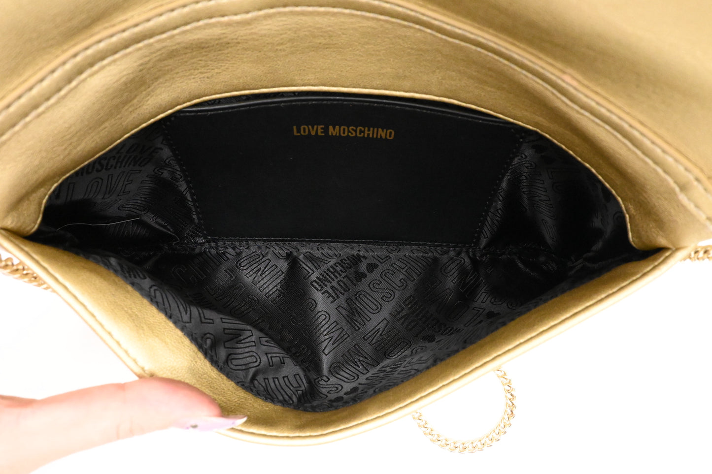 Moschino Chain Clutch in Gold and Silver Sequins