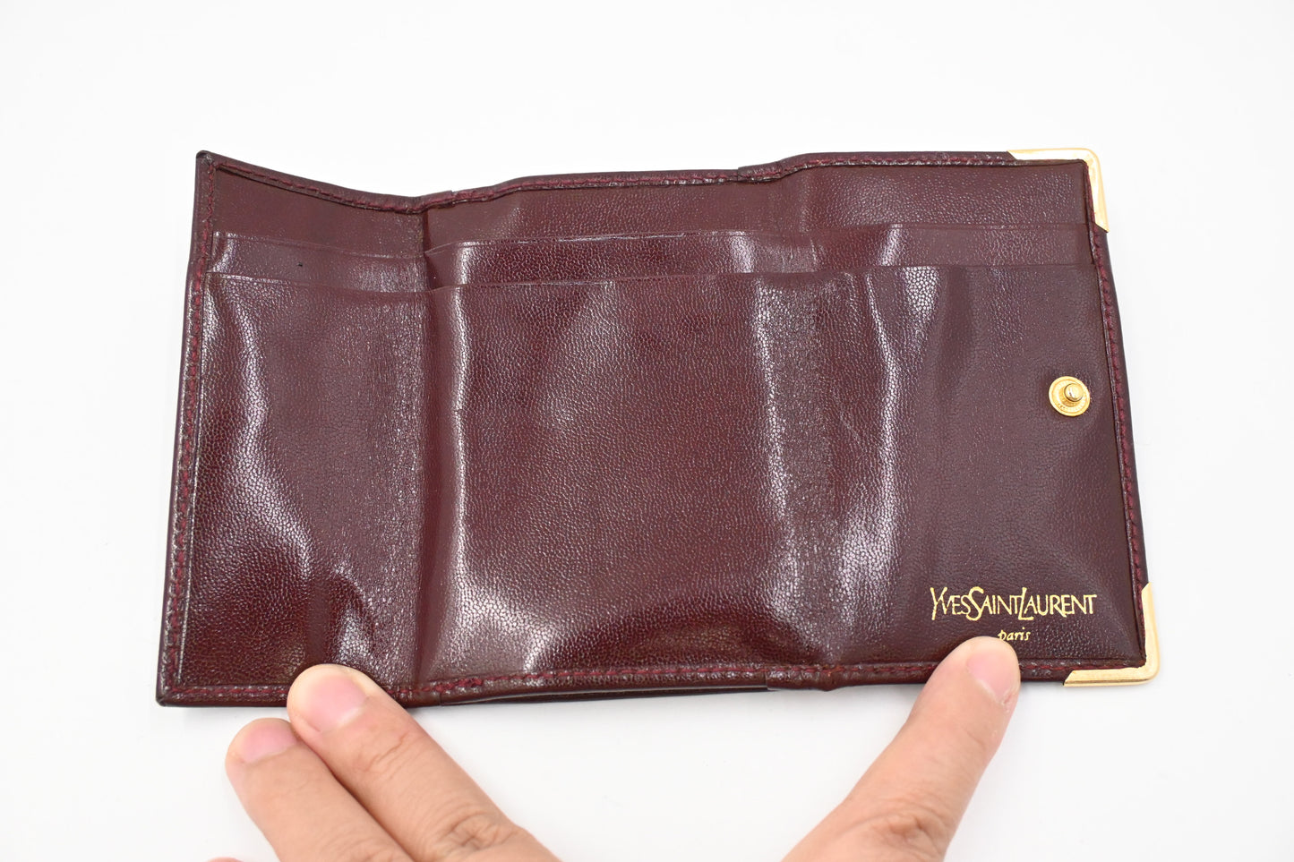 YSL Saint Laurent Compact Kisslock Wallet in Burgundy Leather