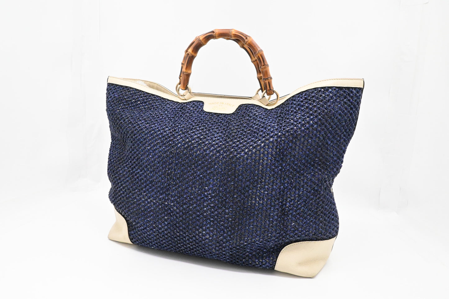 Gucci Large Bamboo Tote in Blue Raffia and Cream Leather