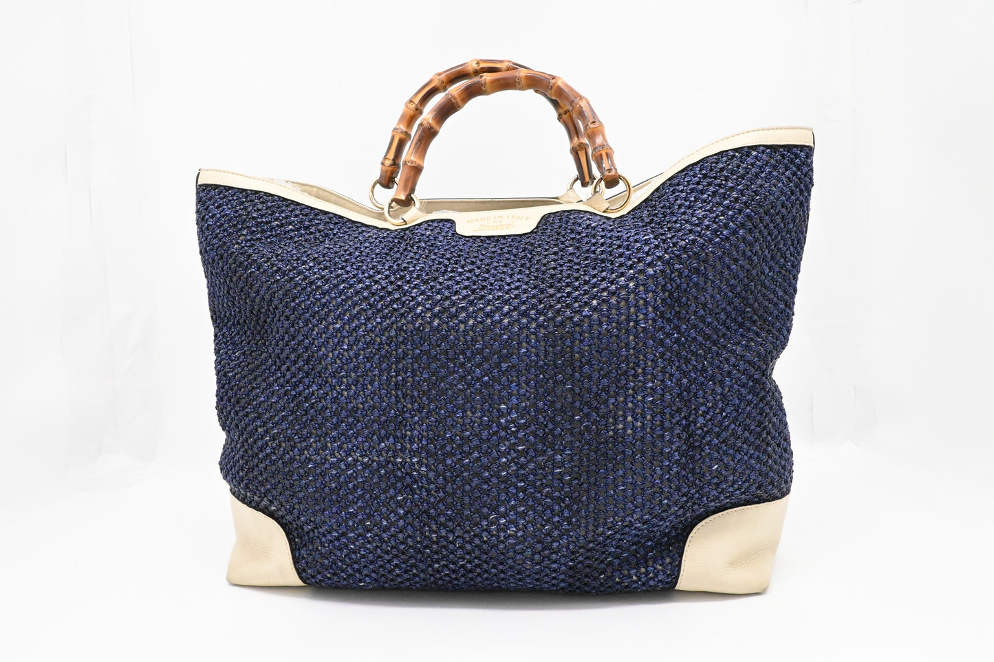 Gucci Large Bamboo Tote in Blue Raffia and Cream Leather