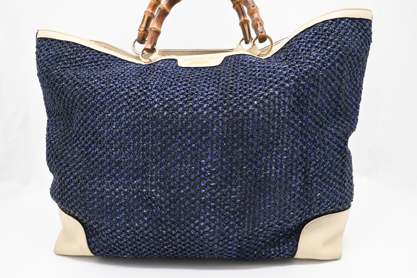 Gucci Large Bamboo Tote in Blue Raffia and Cream Leather