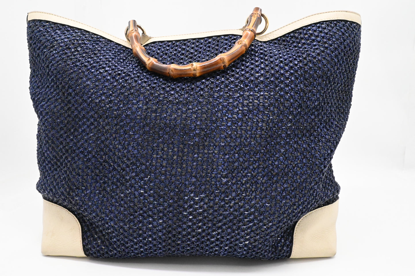 Gucci Large Bamboo Tote in Blue Raffia and Cream Leather