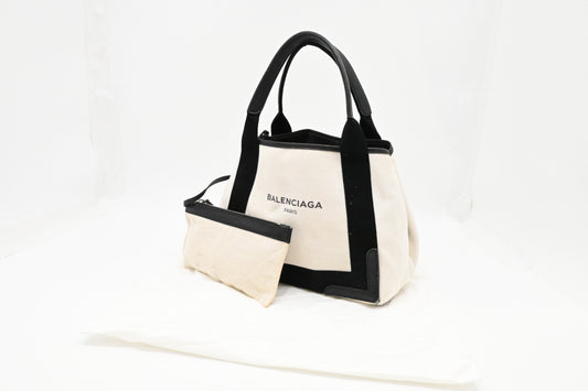 Balenciaga Navy Cabas Small Tote in Ecru and Black Canvas