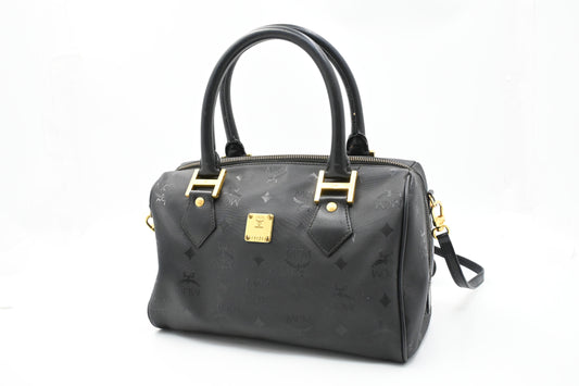 MCM 2way Boston Bag in Black Coated Canvas