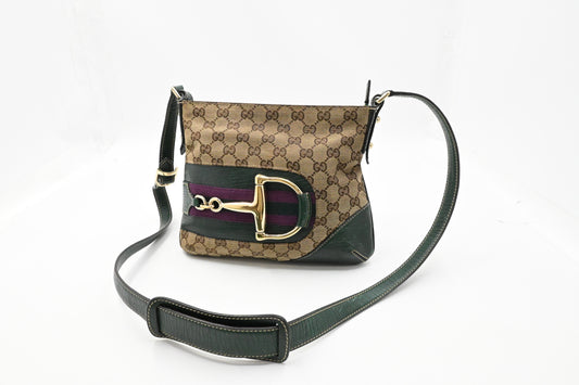 Gucci Horsebit Crossbody in GG Canvas and Green Leather