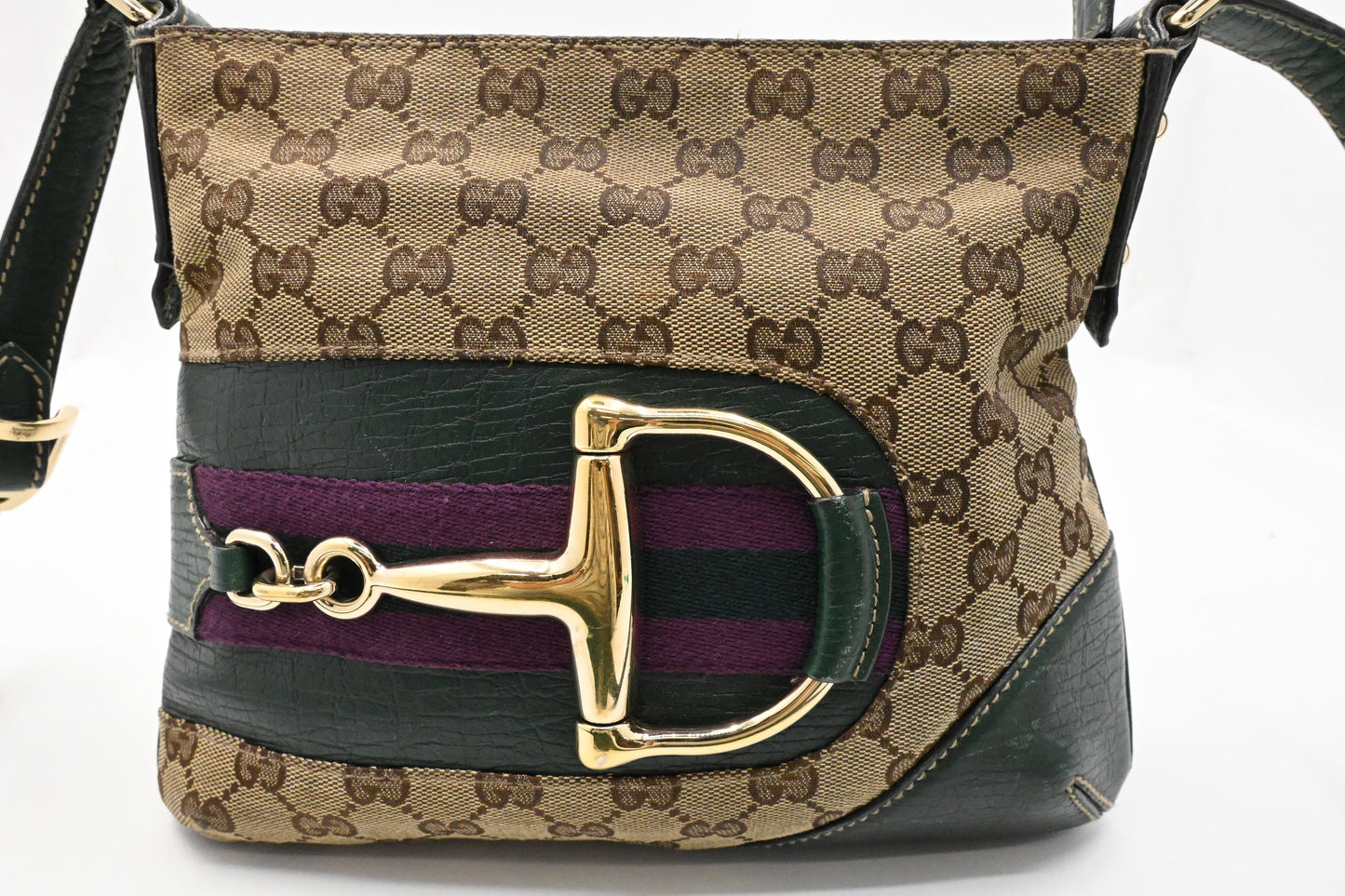 Gucci Horsebit Crossbody in GG Canvas and Green Leather