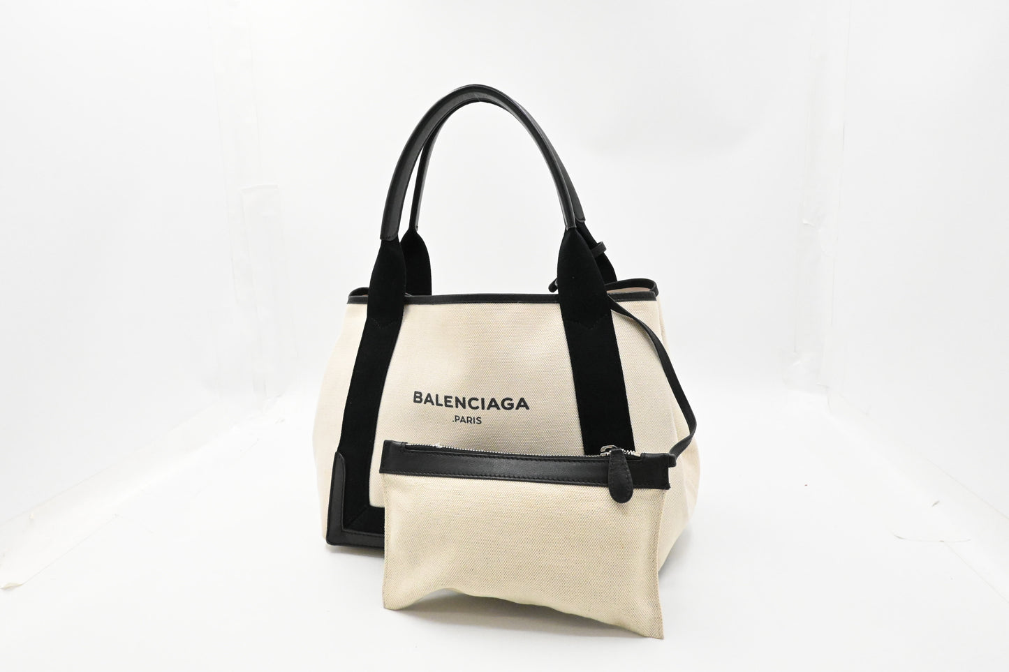 Balenciaga Medium Navy Cabas Tote in Ecru and Black Canvas