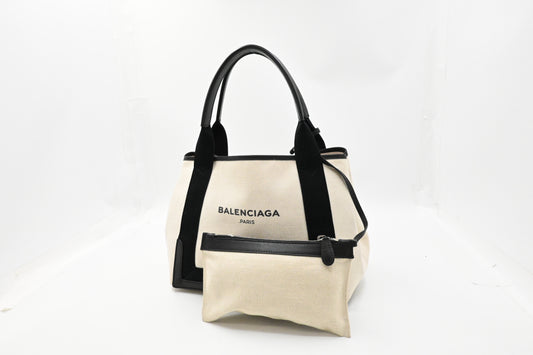 Balenciaga Medium Navy Cabas Tote in Ecru and Black Canvas