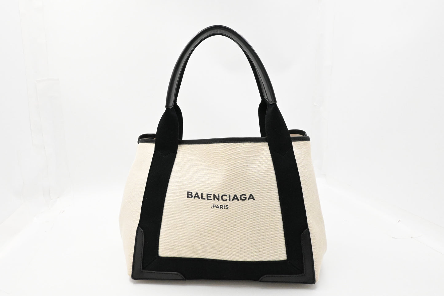 Balenciaga Medium Navy Cabas Tote in Ecru and Black Canvas