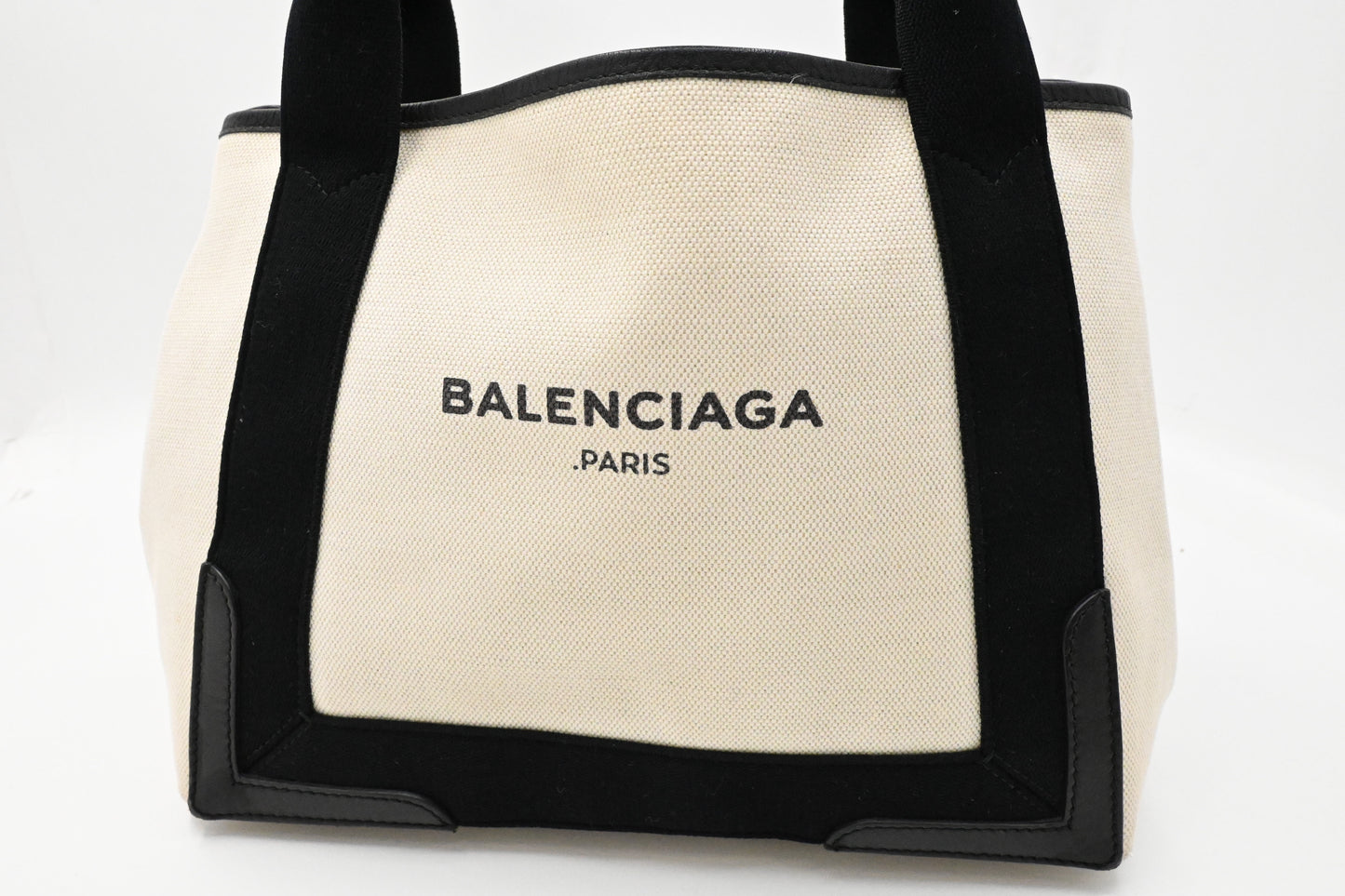 Balenciaga Medium Navy Cabas Tote in Ecru and Black Canvas