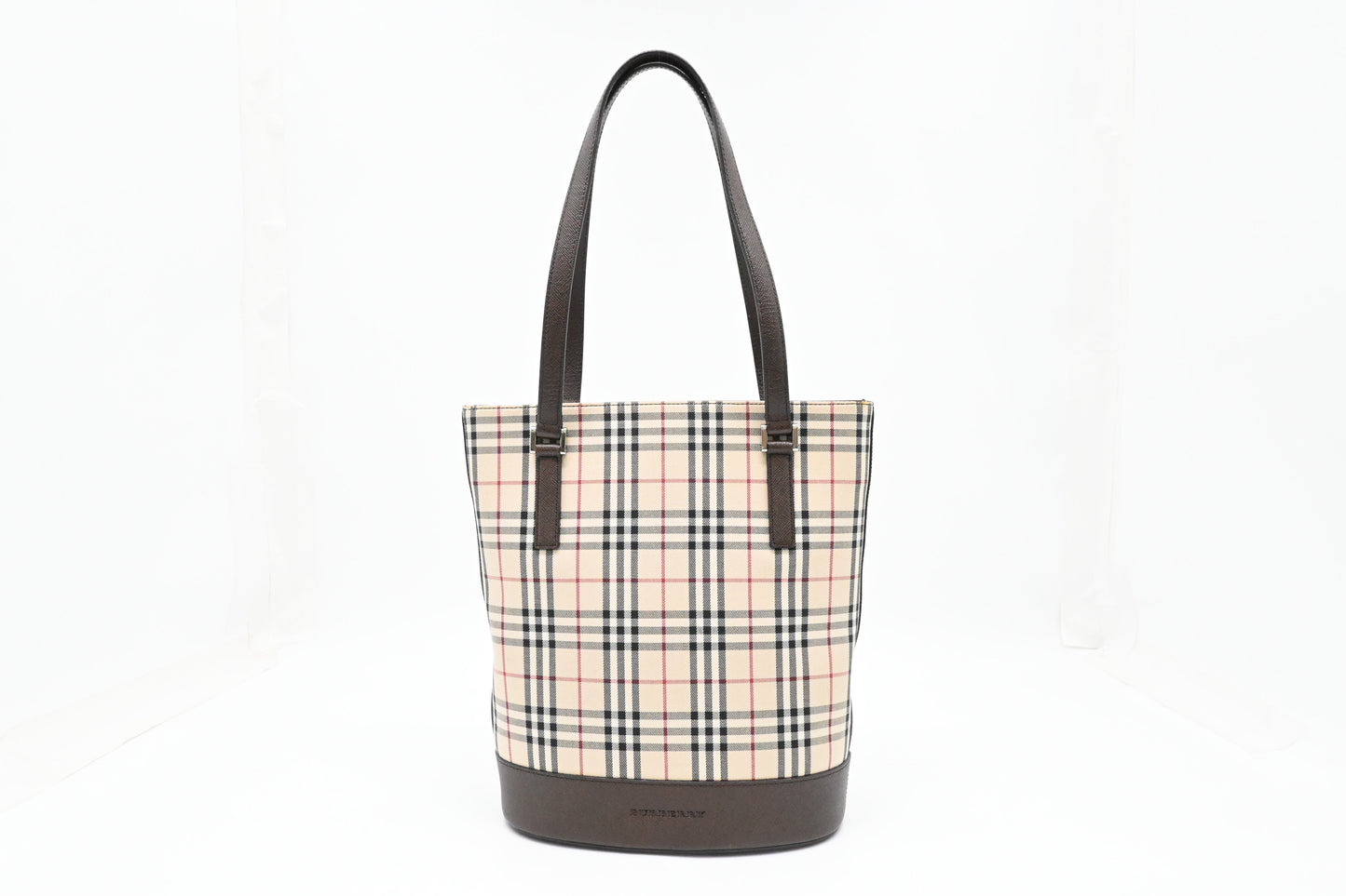 Burberry Bucket Shoulder Bag in Beige Checked Canvas