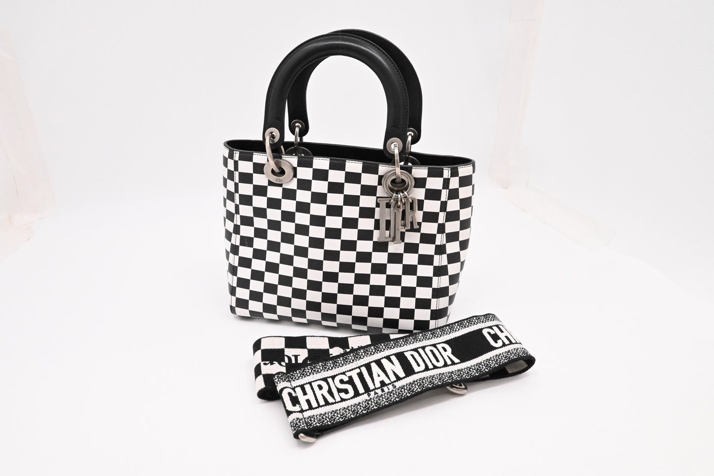 Dior Medium Lady Dior in Black and White Checkered Leather