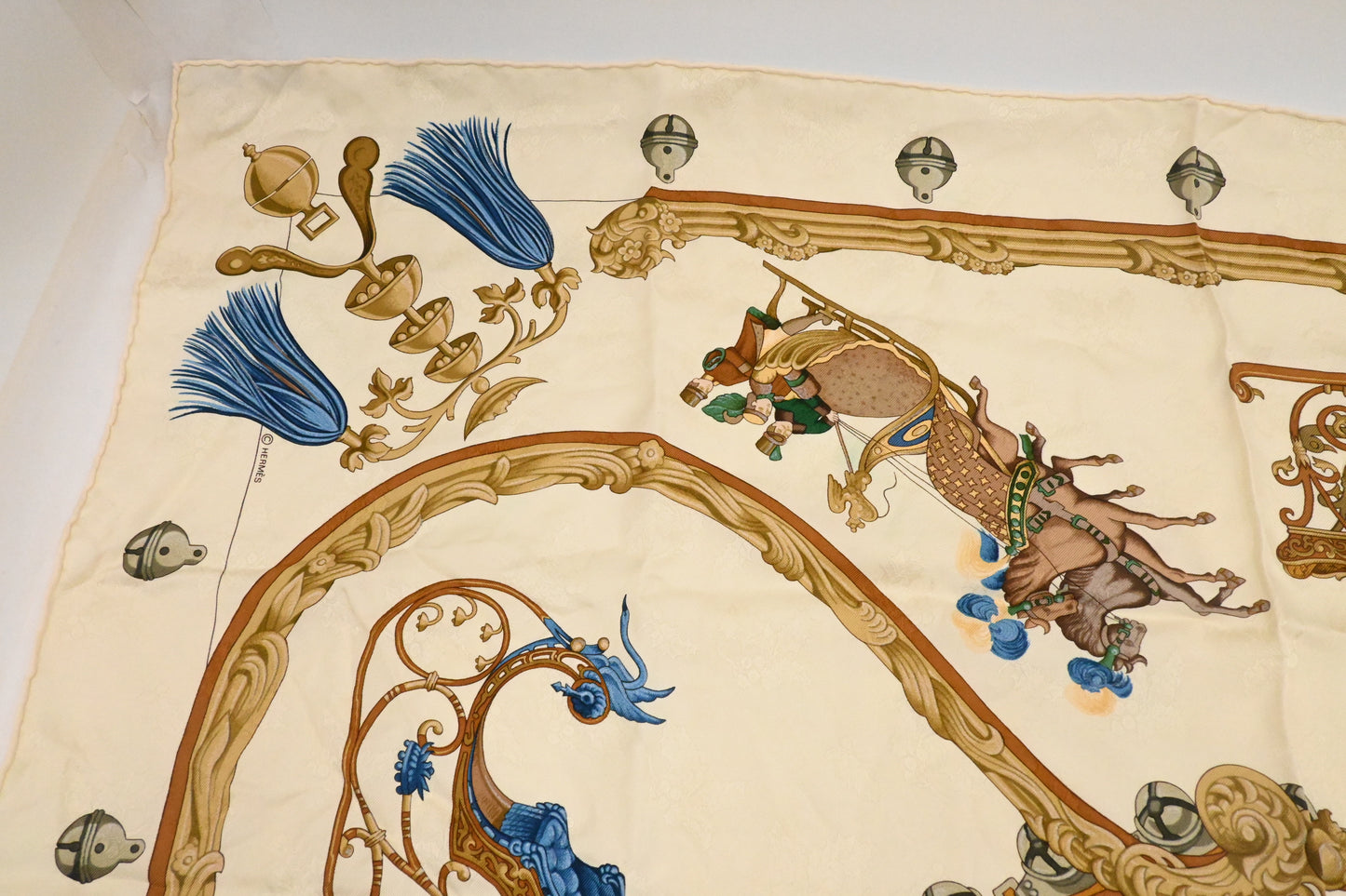 Hermes 'Plumes et Grelots' Carre 90 in Cream Jacquard Silk