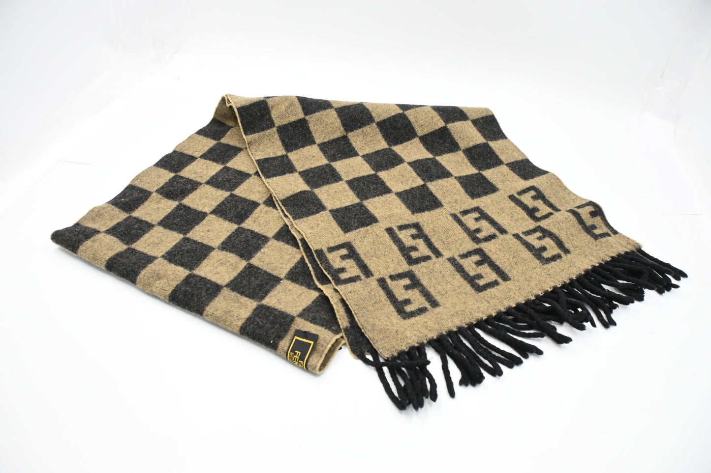 Fendi Scarf in Black and Beige Checked Wool