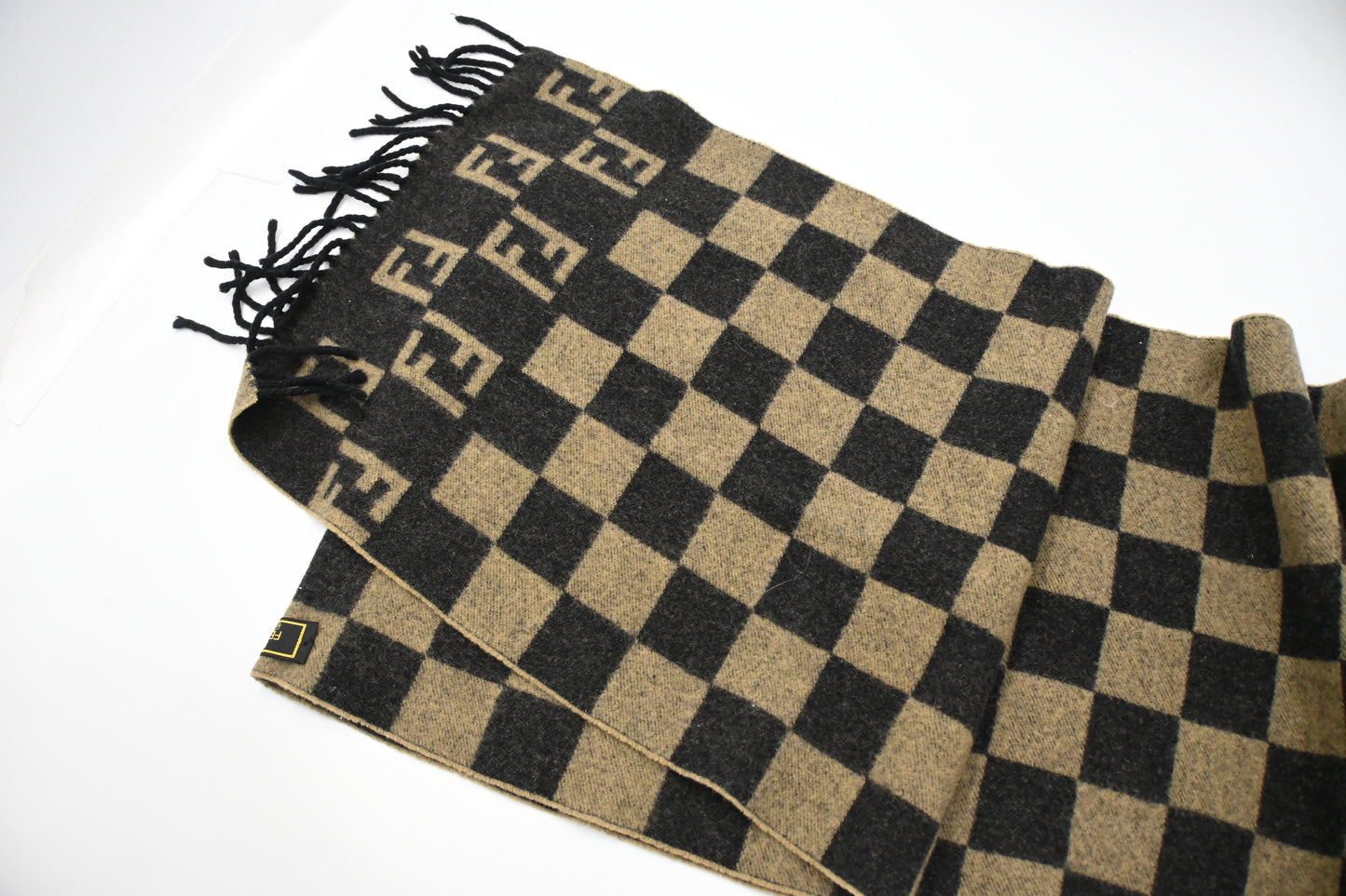 Fendi Scarf in Black and Beige Checked Wool