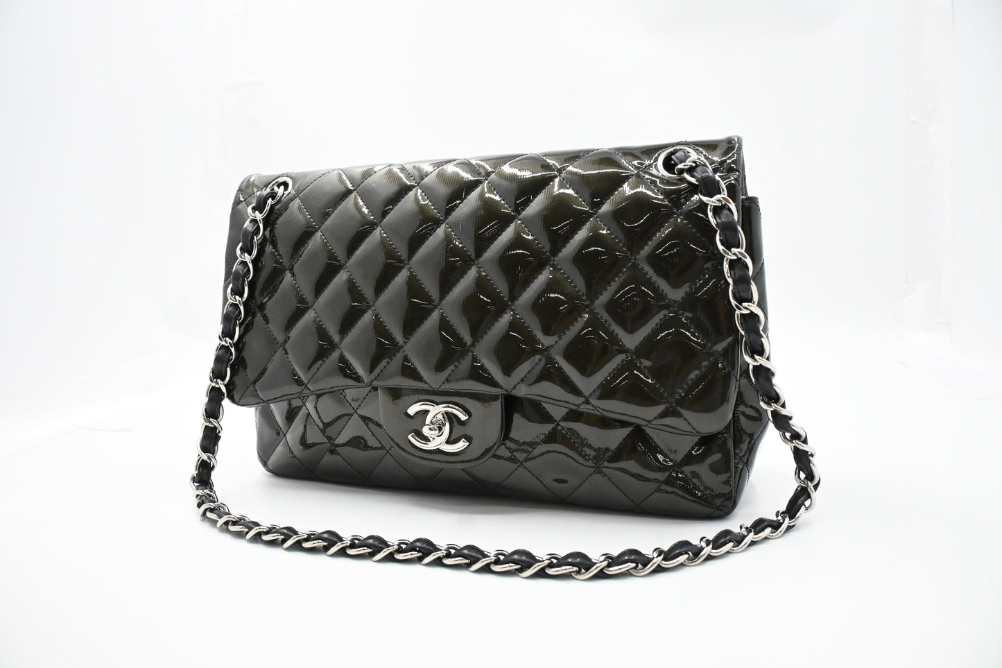 Chanel Jumbo Flap in Dark Green Striated Patent Leather