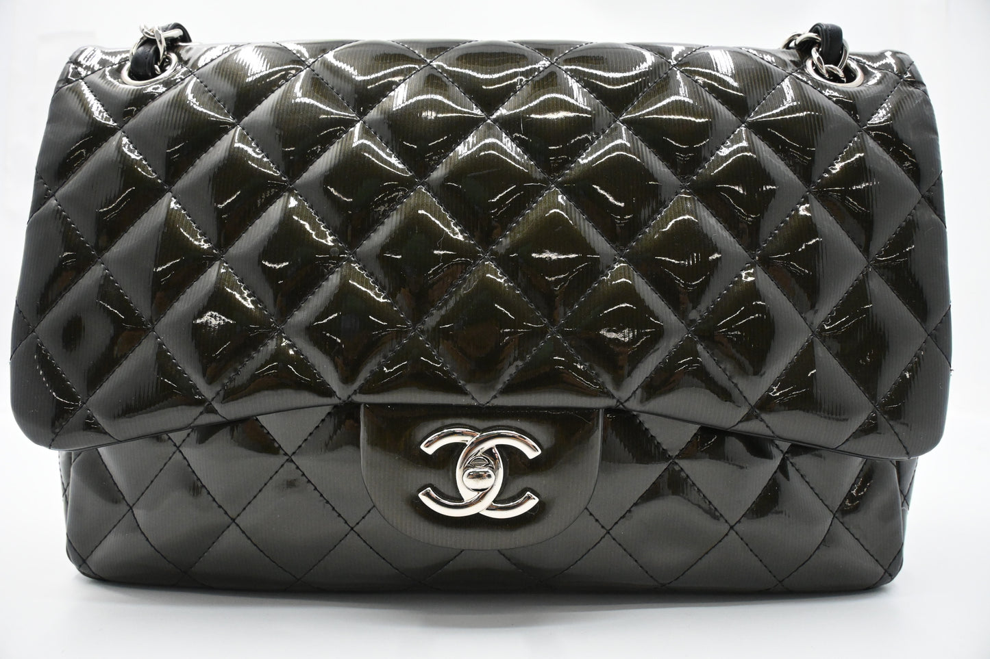 Chanel Jumbo Flap in Dark Green Striated Patent Leather