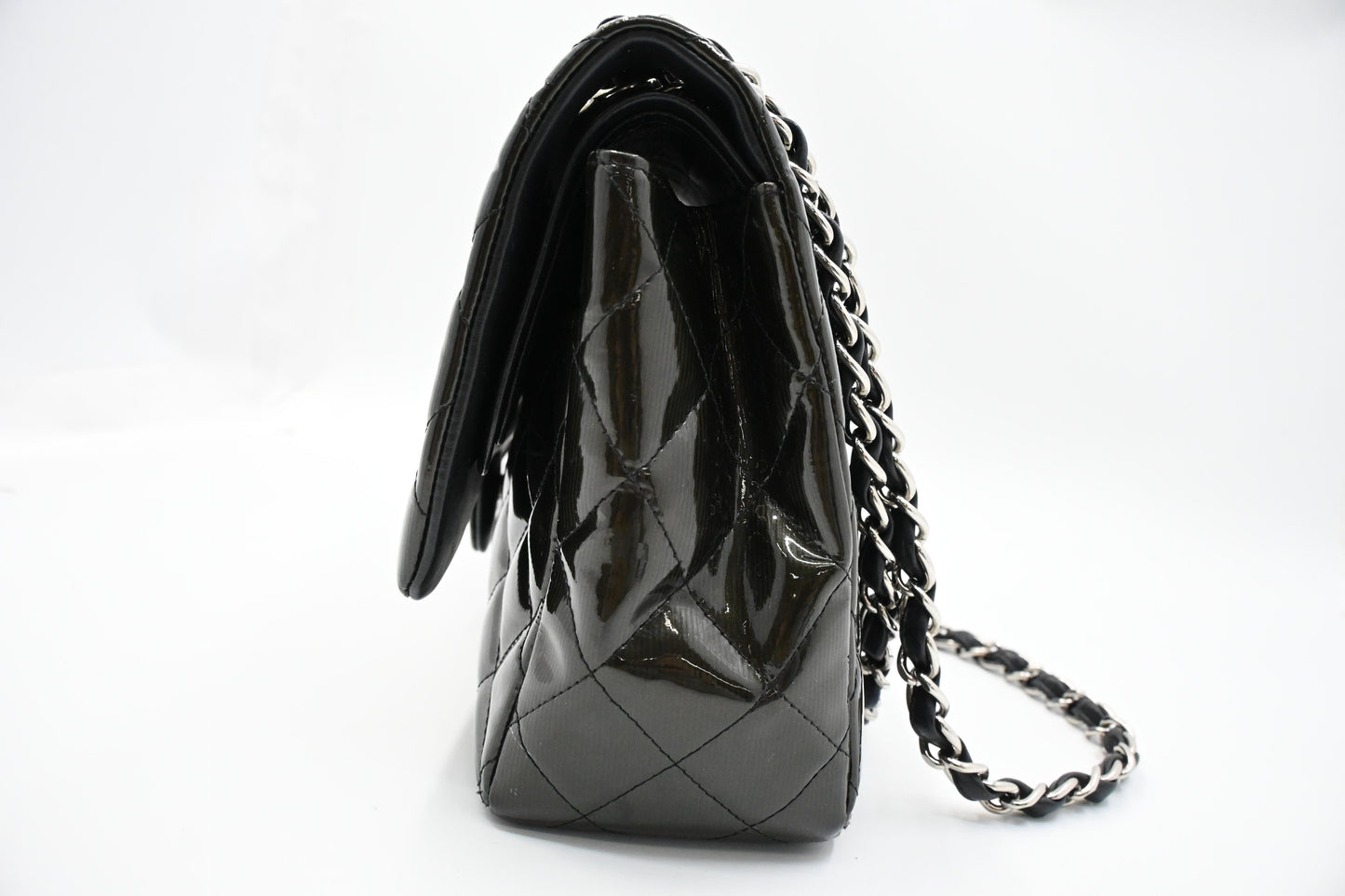 Chanel Jumbo Flap in Dark Green Striated Patent Leather