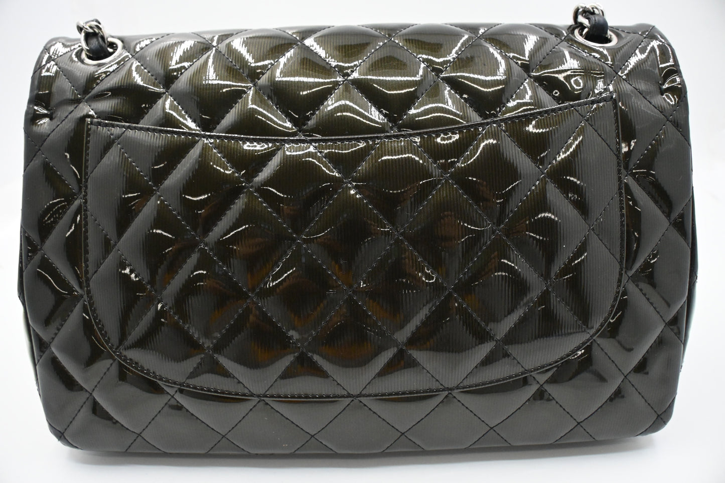 Chanel Jumbo Flap in Dark Green Striated Patent Leather