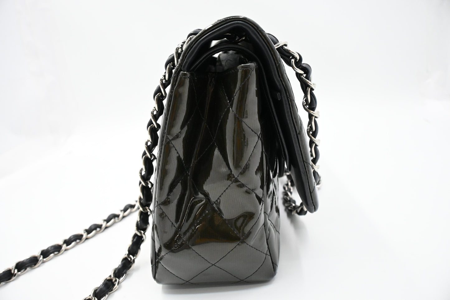 Chanel Jumbo Flap in Dark Green Striated Patent Leather