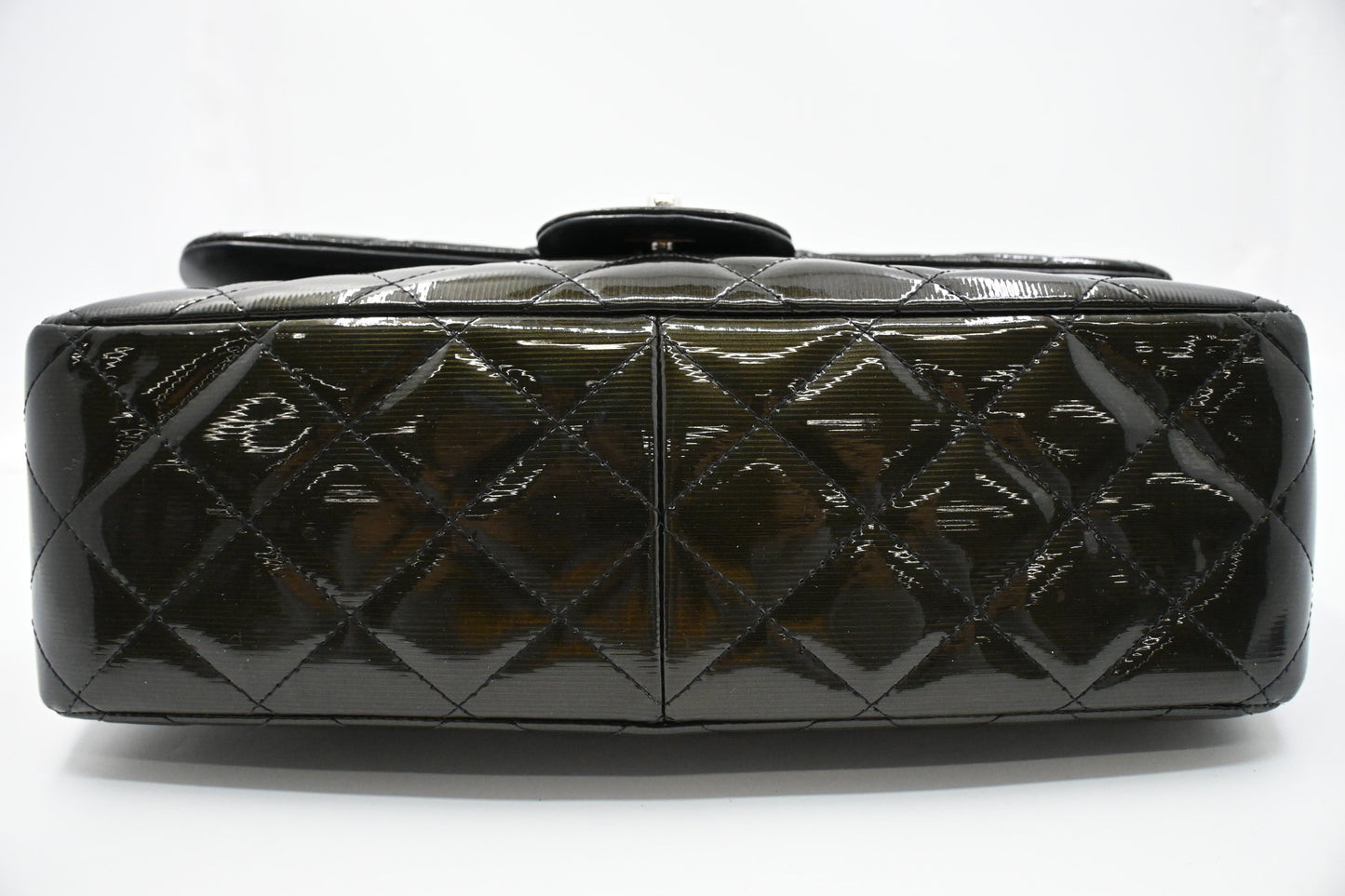 Chanel Jumbo Flap in Dark Green Striated Patent Leather
