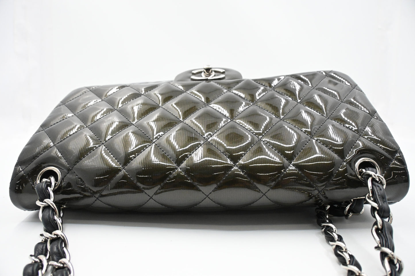 Chanel Jumbo Flap in Dark Green Striated Patent Leather